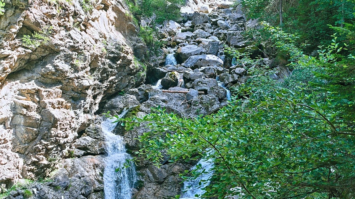 a small waterfall in the middle of a forest